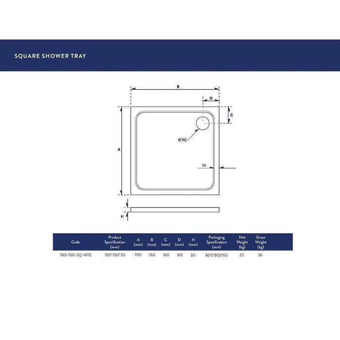 760x760mm Square 30mm Shower Tray White