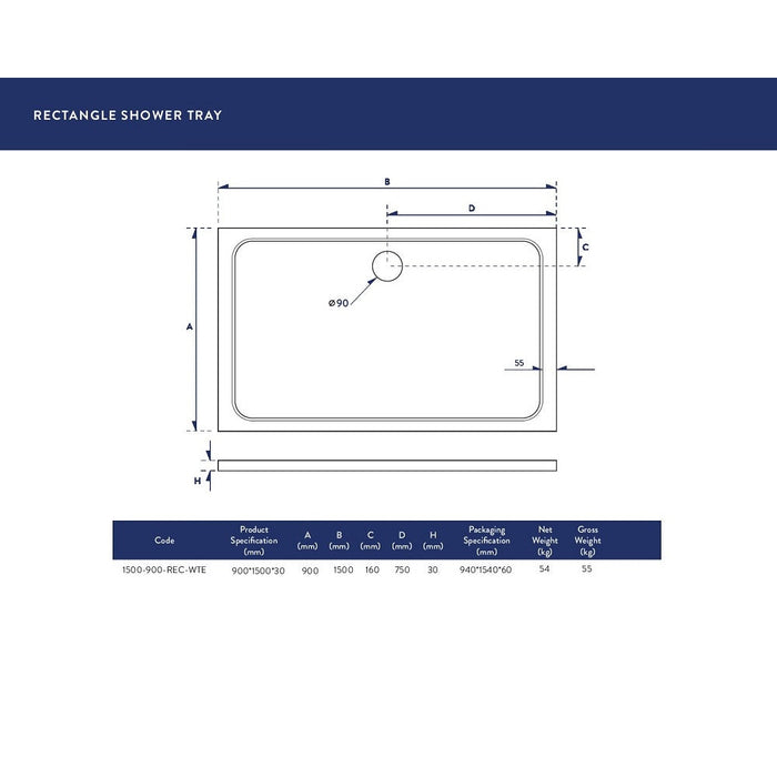 Scudo 1500x900mm Rectangle 30mm Shower Tray White