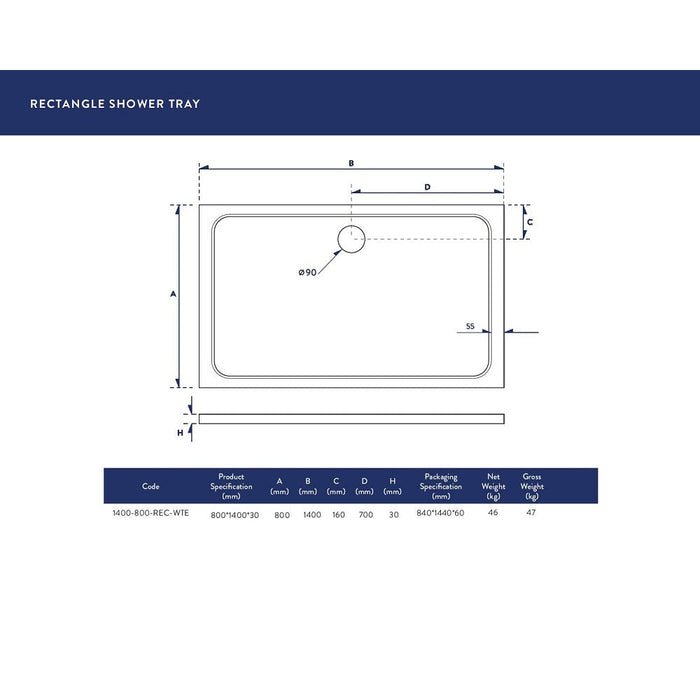 Scudo 1400x800mm Rectangle 30mm Shower Tray White