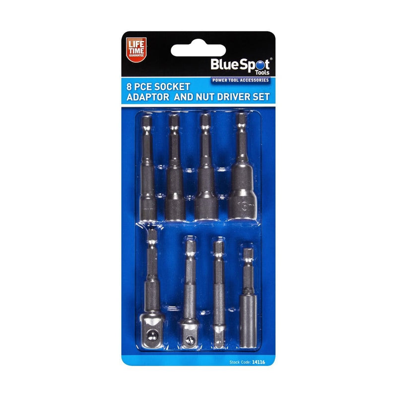 BlueSpot 14116 eight-piece socket adaptor and nut driver set in retail packaging