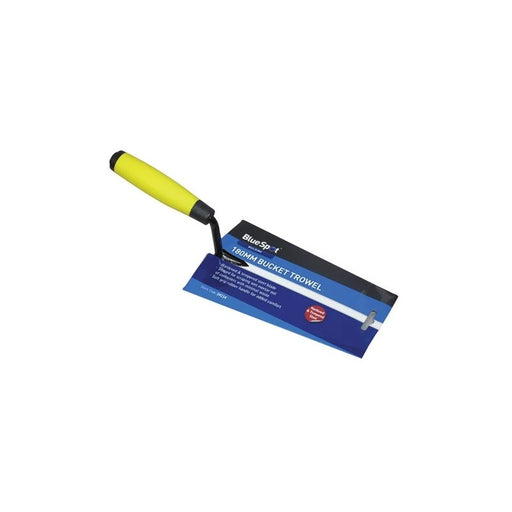 BlueSpot Tools 24114 180mm bucket trowel with yellow handle and retail label, shown in full
