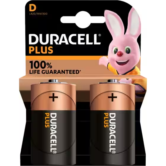 Duracell Plus D Battery LR20 2pk