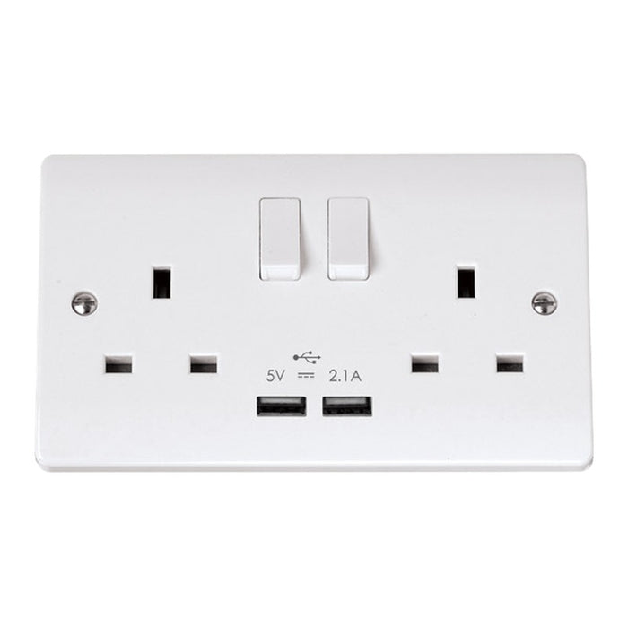 Click 13A 2 Gang Switched Socket with 2 USB Chargers - Polar White