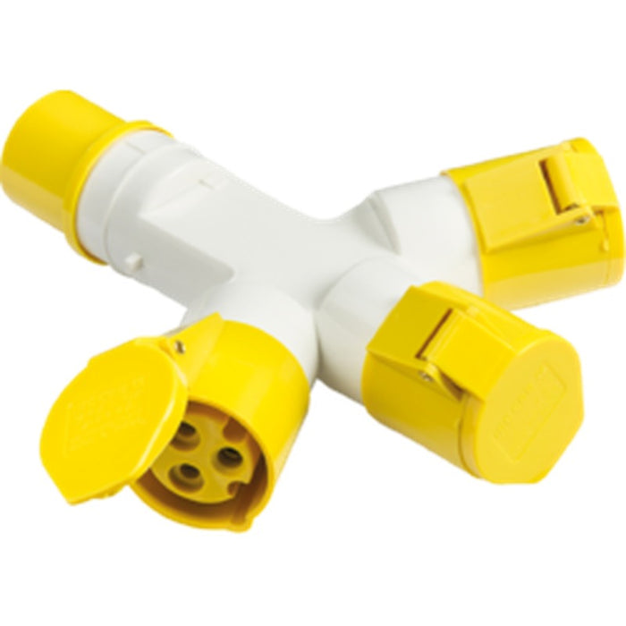 Knightsbridge 110V IP44 16A 2P+E 3 Way Splitter - Yellow UK