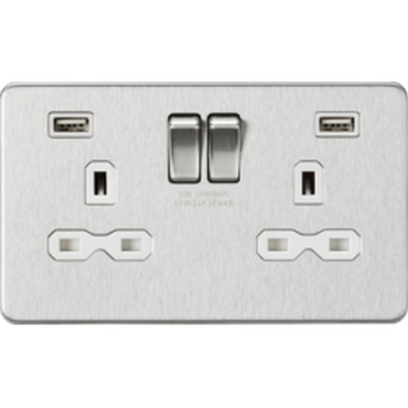 Knightsbridge 13A 2G SP Switched Socket with Dual USB A+A 5V DC 2.4A shared - Brushed Chrome with White Insert