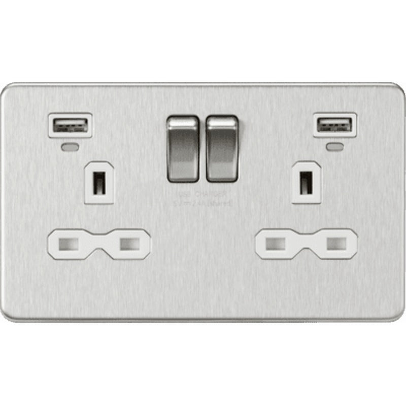 Knightsbridge 13A 2G SP Switched Socket with Dual USB A+A 5V DC 2.4A shared - Brushed Chrome with White Insert
