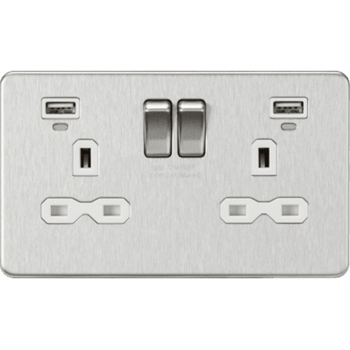 Knightsbridge 13A 2G SP Switched Socket with Dual USB A+A 5V DC 2.4A shared - Brushed Chrome with White Insert