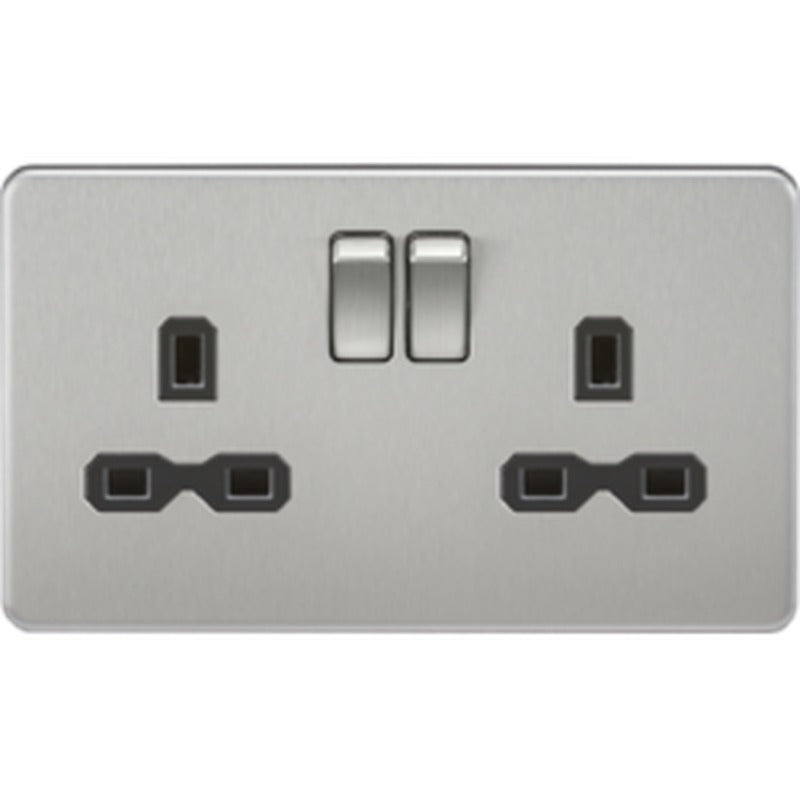 Knightsbridge 13A 2G DP Switched Socket with Twin Earths - Brushed Chrome with Black Insert