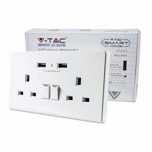 V-TAC VT-5017 Smart WiFi Wall Socket with USB - Alexa & Google Home Compatible
